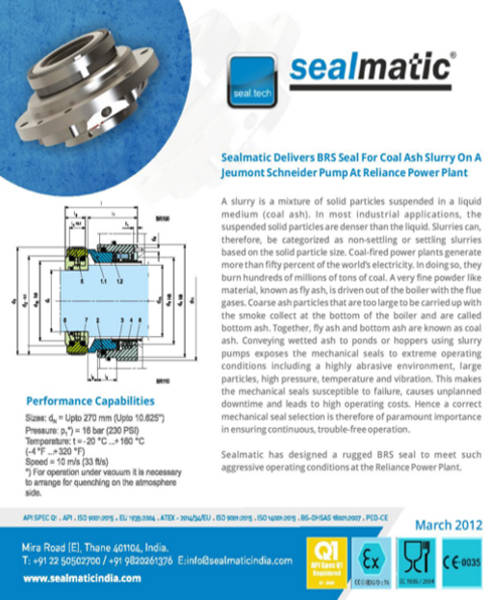 Sealmatic Delivers BRS Seal for Coal Ash Slurry on a Jeumont Schneider Pump at Reliance Power Plant