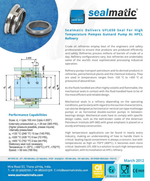 Sealmatic Delivers UFL650 Seal for High Temperature Pompes Guinard Pump at HPCL Refinery